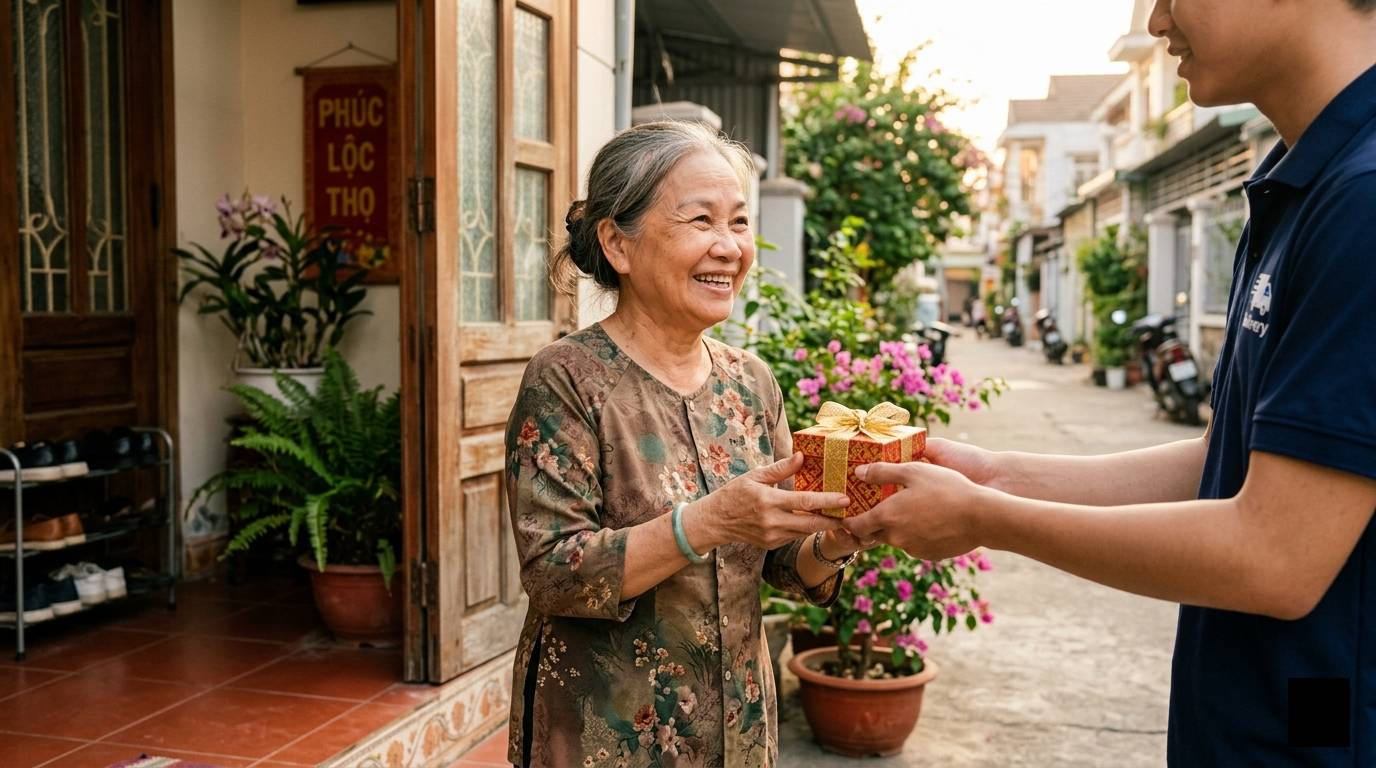 Bà nhận quà vàng, dịch vụ Gửi Vàng